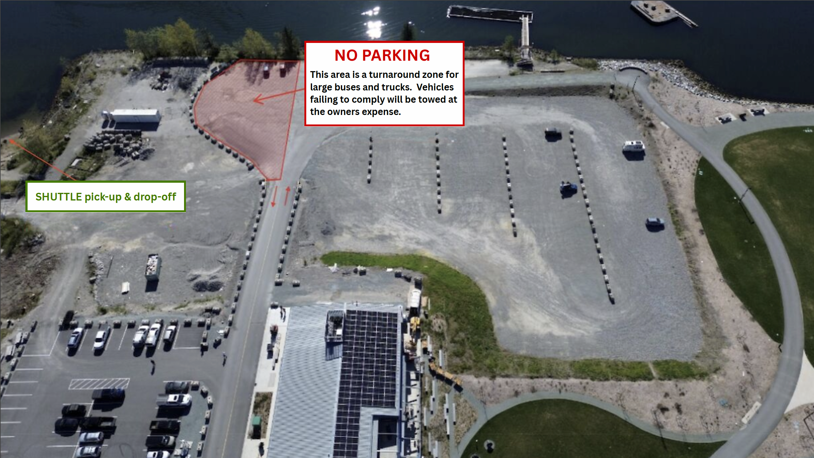 Map showing parking and shuttle pickup.